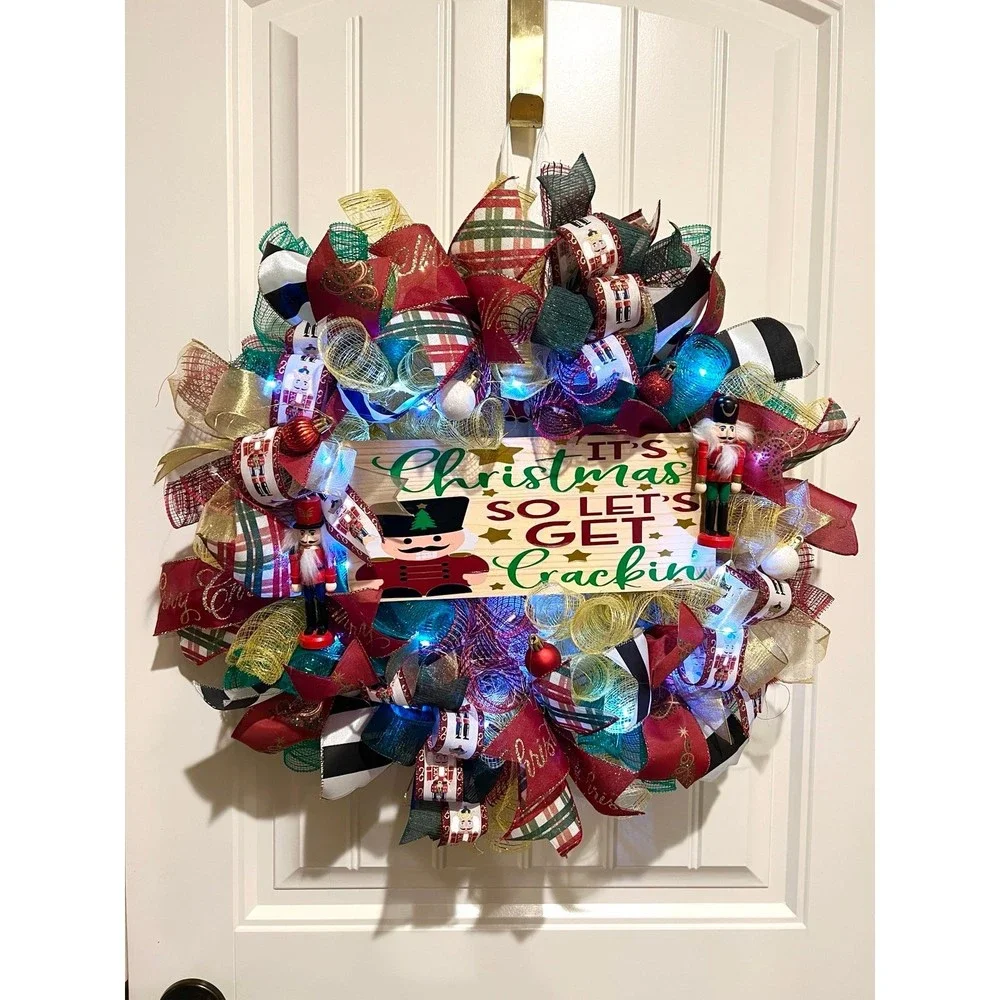 Christmas Nutcracker Holiday Ribbon Door Wreath Handmade 22 ins LED W4